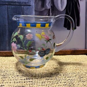 Lenox Glass Pitcher with Floral Design and Blue Yellow Accents